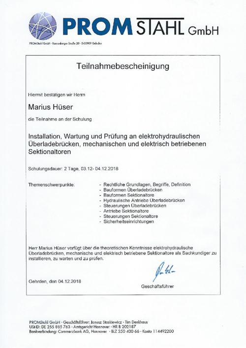 Teilnahmebescheinigung PROM-Schulung 2018 M. Hüser